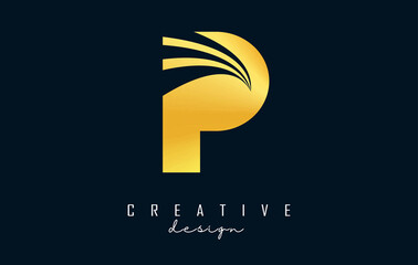 Creative golden letter P logo with leading lines and road concept design. Letter P with geometric design.