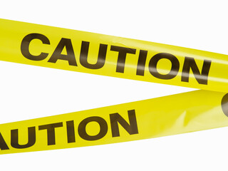 Caution - inscription on yellow plastic tape. Limitation of space, border, fence under construction and collapsing buildings, destroyed road, criminal case.