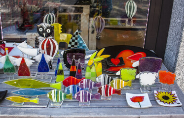 Glass souvenirs at store showcase in Gdansk, Poland
