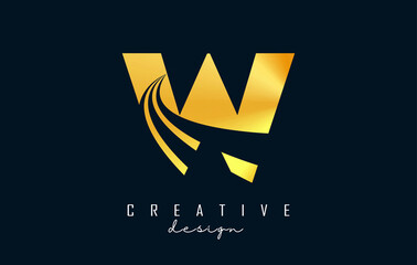 Creative golden letter W logo with leading lines and road concept design. Letter W with geometric design.