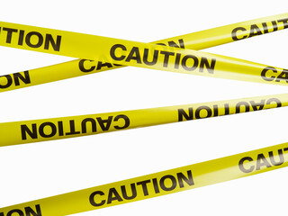 caution - inscription on yellow restrictive plastic tapes on a white background. Area fencing,...
