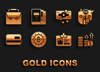 Set Bitcoin, Bull and bear of stock market, Financial growth dollar, Identification badge, Credit card, Stacks paper money cash, Briefcase and Office folders icon. Vector