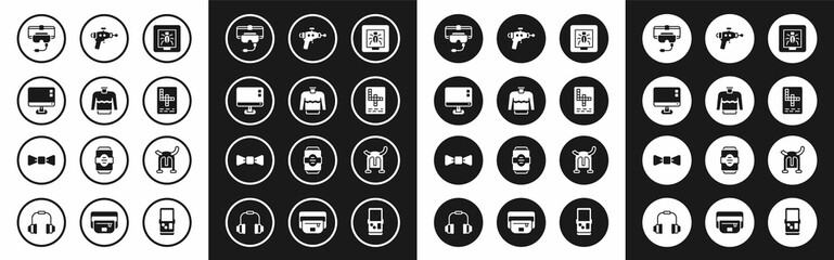 Set Insects in a frame, Sweater, Computer monitor screen, Virtual reality glasses, Crossword, Ray gun, Viking horned helmet and Bow tie icon. Vector