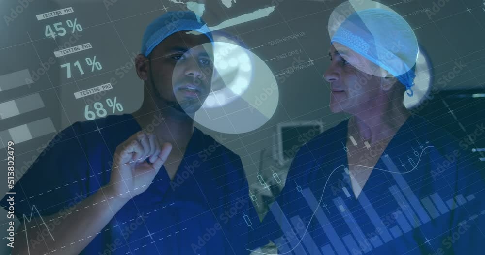 Poster animation of financial data processing over two diverse doctors
