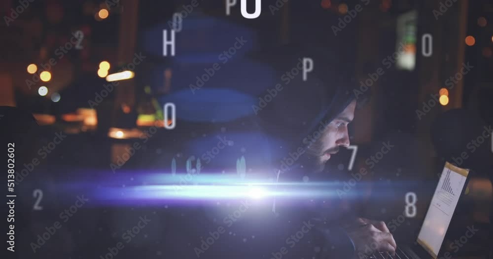 Poster animation of data processing over caucasian male hacker