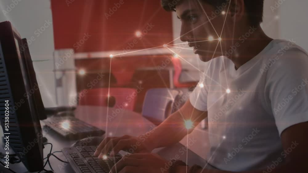 Poster animation of data processing over biracial male student using computer