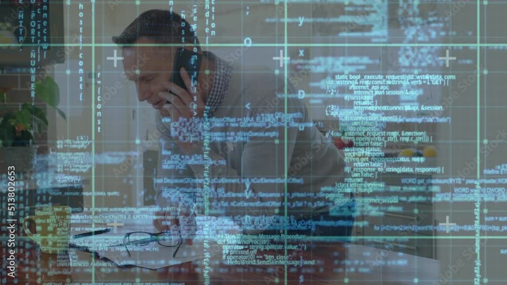 Poster animation of data processing over caucasian man using smartphone