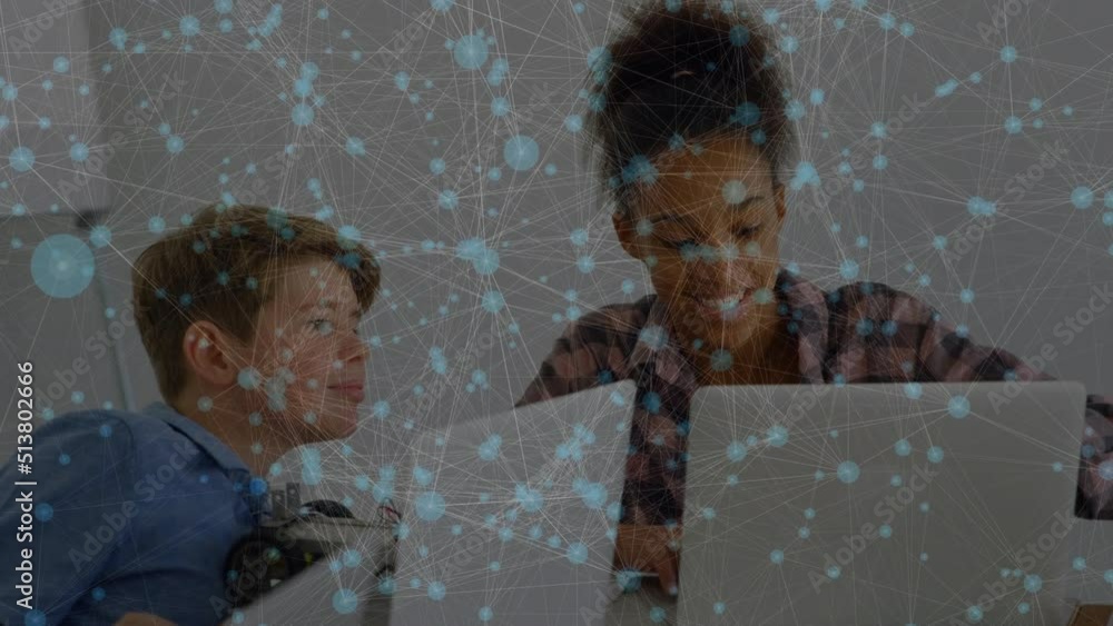 Aufkleber animation of data processing over diverse children using laptops