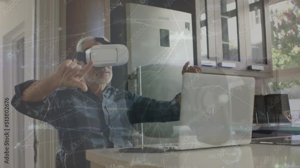 Aufkleber animation of data processing over caucasian man using vr headset