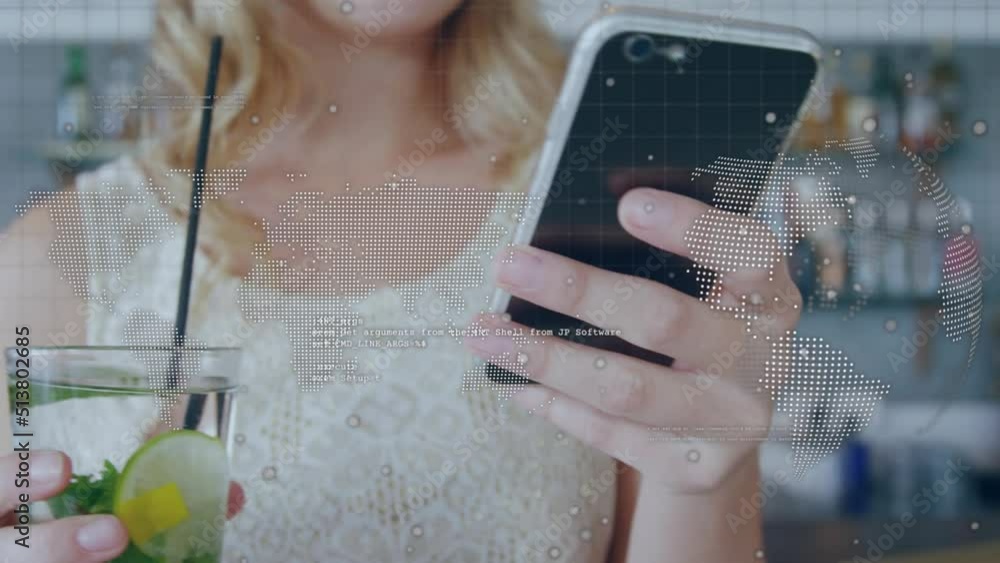 Poster animation of data processing over caucasian woman using smartphone