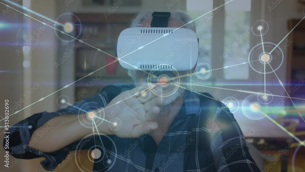 Poster animation of data processing over caucasian man using vr headset