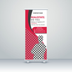Modern real estate Business Roll-up banner stands for template design. Marketing exhibition for the conference, promo banner exhibition, printing, presentation and display, flag banner for the seminar - obrazy, fototapety, plakaty
