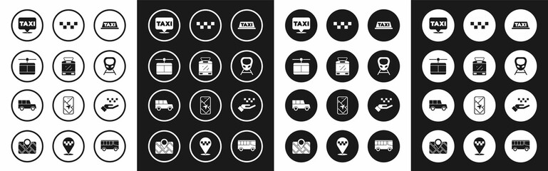 Set Taxi car roof, Tram and railway, Cable, Location with taxi, High-speed train, Hand and Car icon. Vector