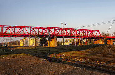 Red viaduct near stadium Energa in Gdansk, Poland