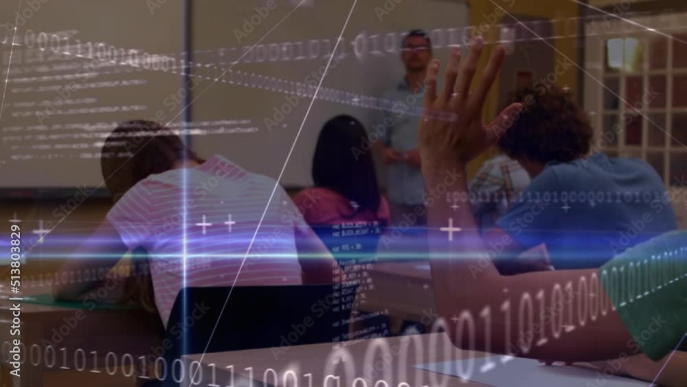 Poster animation of data processing over class of diverse pupils during lesson