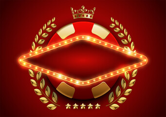 VIP poker luxury red gold chip, rhomboid frame shiny LED light bulbs vector casino logo. Royal poker club emblem with crown, laurel wreath, red background. Signboard lamps border rhomb casino banner
