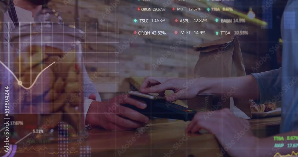 Poster animation of data processing over diverse people paying with smartphone