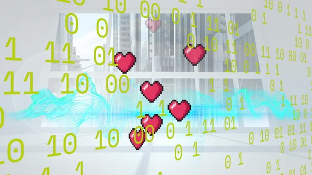 Animation of data processing and heart icons over cityscape