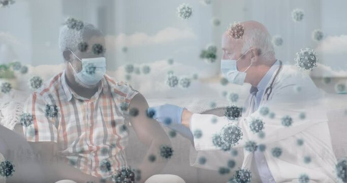 Animation of virus cells over diverse doctor and patient vaccinating