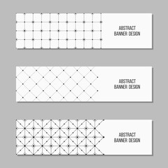 Set of 3 abstract vector banner templates. Banners with geometric elements, geometric lattices. Place for text. Vector black and white illustration.