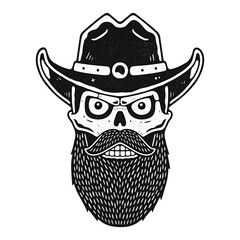Skull cowboy with beard in hat.
