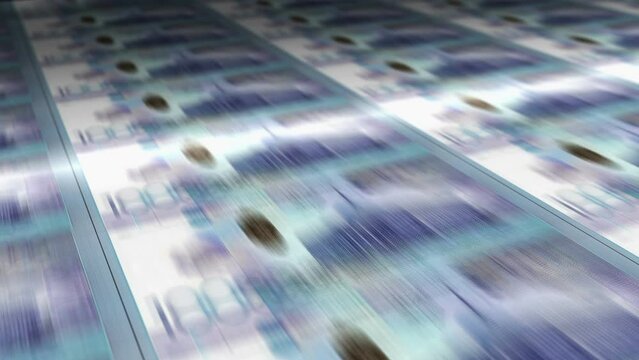 Kazakhstan Tenge money sheet printing. KZT banknotes loop print. Seamless and looped background concept of finance, economy crisis, inflation and business.
