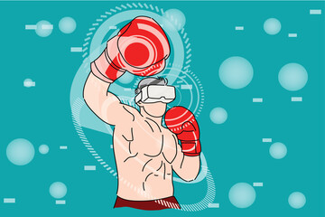 Boxer doing hook jab uppercut with virtual reality device. Flat design illustration - obrazy, fototapety, plakaty