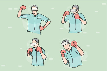 Man playing sport in virtual reality. Boxing in game. Flat design illustration