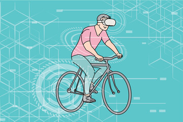 Man riding bike in virutal reality world. Flat design illustration