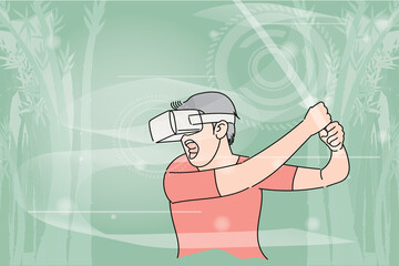 Young man holding virtual sword in virtual reality game. Flat design illustration