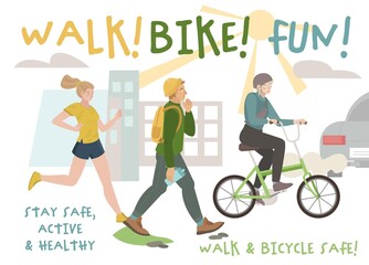 Walk. Bike. Fun. Landscape poster. Vector illustration