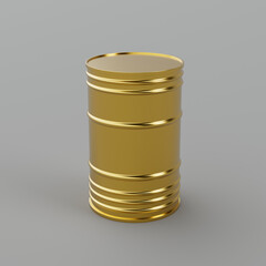 Golden glossy metallic barrel on a grey background - golden canister, can, oil, petroleum
