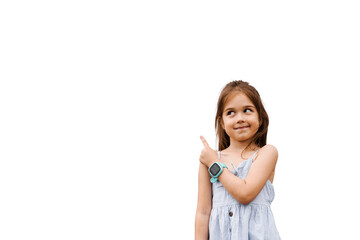 Adorable child girl pointing finger left on white background with blank space for advert. Creative idea for sale discount for children products.