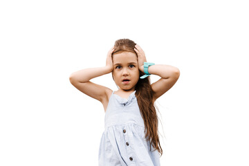 Shocked child girl hold her head. Portrait of adorable kid on white background. Surprised kid with blank background posing in studio.