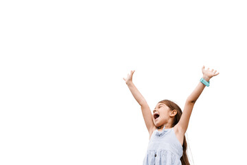 Emotional positive child girl raise hands up, scream and shout on white background with empty place for adrert. Concept of winning in online game.