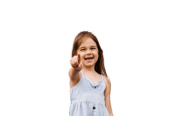 Fototapeta premium Bullying social problem. Violent child girl pointing in camera and laughting cruelly.