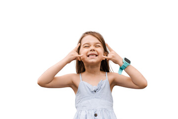 Cool child girl showing teeth and rock sign goat on white background with blank place for advert. Adorable toddler showing expressive emotions.