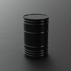 Black glossy metallic barrel on a dark background - black canister, can, oil, petroleum