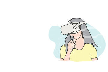 young lady having karaoke online with VR device. Vector illustration design