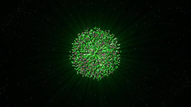 Abstract division of cells in round shaped 3D shere isolated on a black background. Motion. Unknown 3D object of small cells.