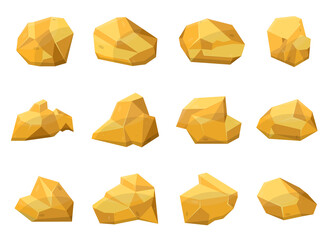 Set of gold stones and boulders in cartoon style. Gold nuggets. Gemstones. Gold mine elements