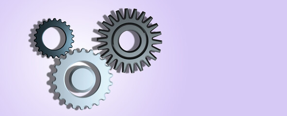 Banner three cogwheel 3D on blue background, metal gear with copy space