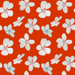 Seamless pattern white flower drawn with wax crayons on a red background. For fabric, sketchbook, wallpaper, wrapping paper.
