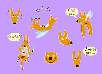 Sticker pack with a funny dog character and phrases, which can be used for messengers or as printable stickers.