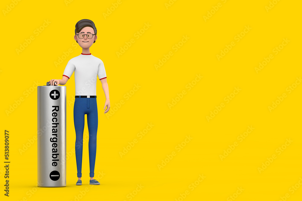 Aufkleber cartoon character person man with rechargeable battery. 3d rendering