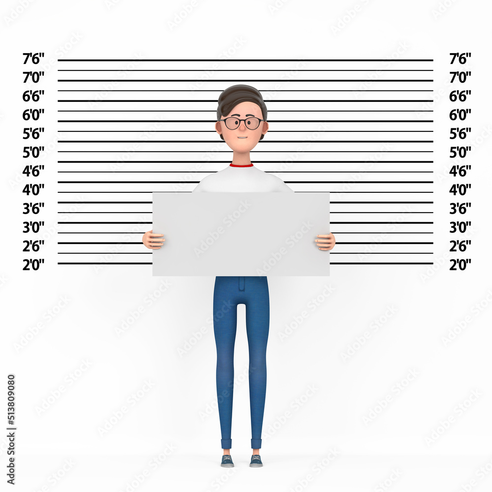 Poster cartoon character person man with identification plate in front of police lineup or mugshot backgrou