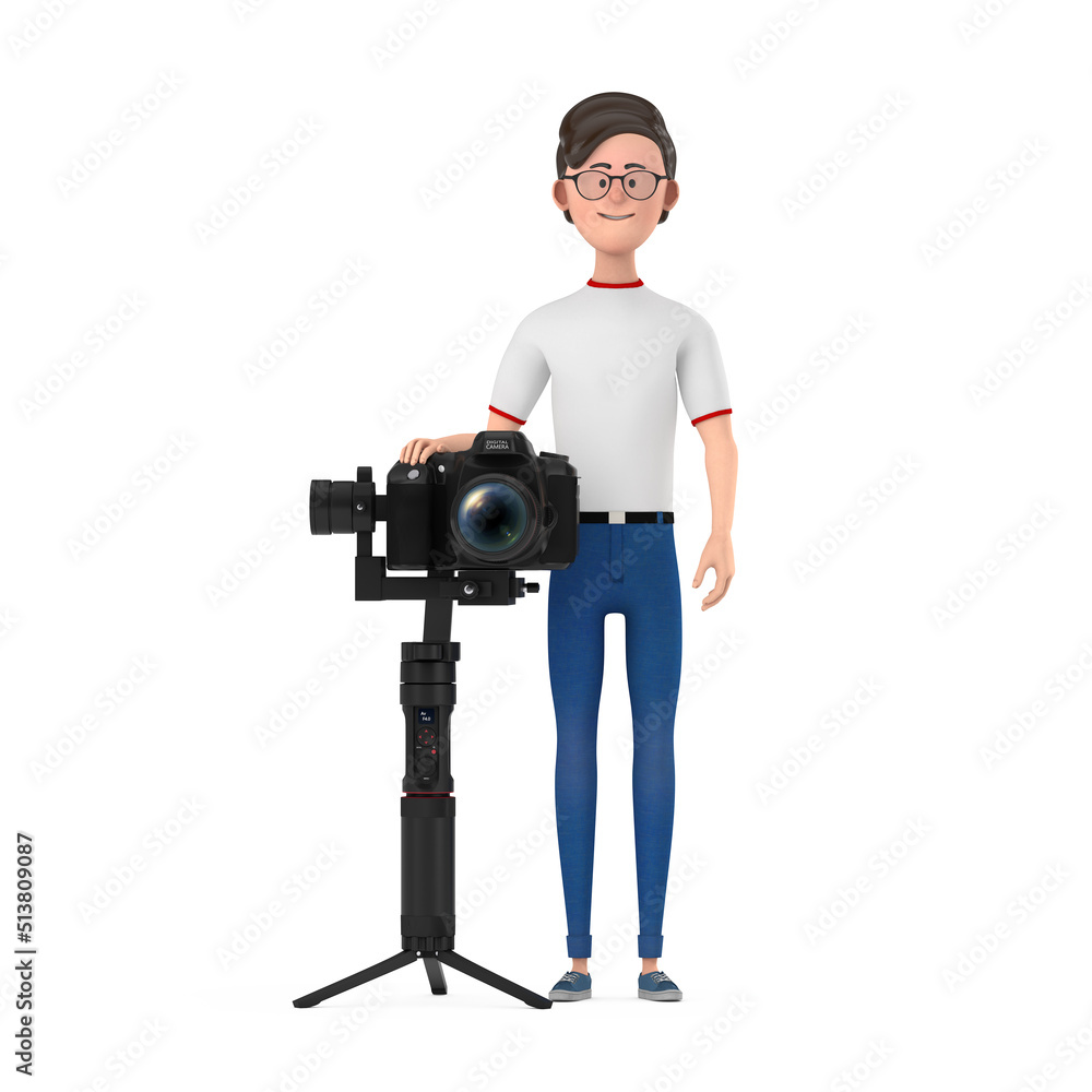 Poster Cartoon Character Person Man with DSLR or Video Camera Gimbal Stabilization Tripod System. 3d Rendering