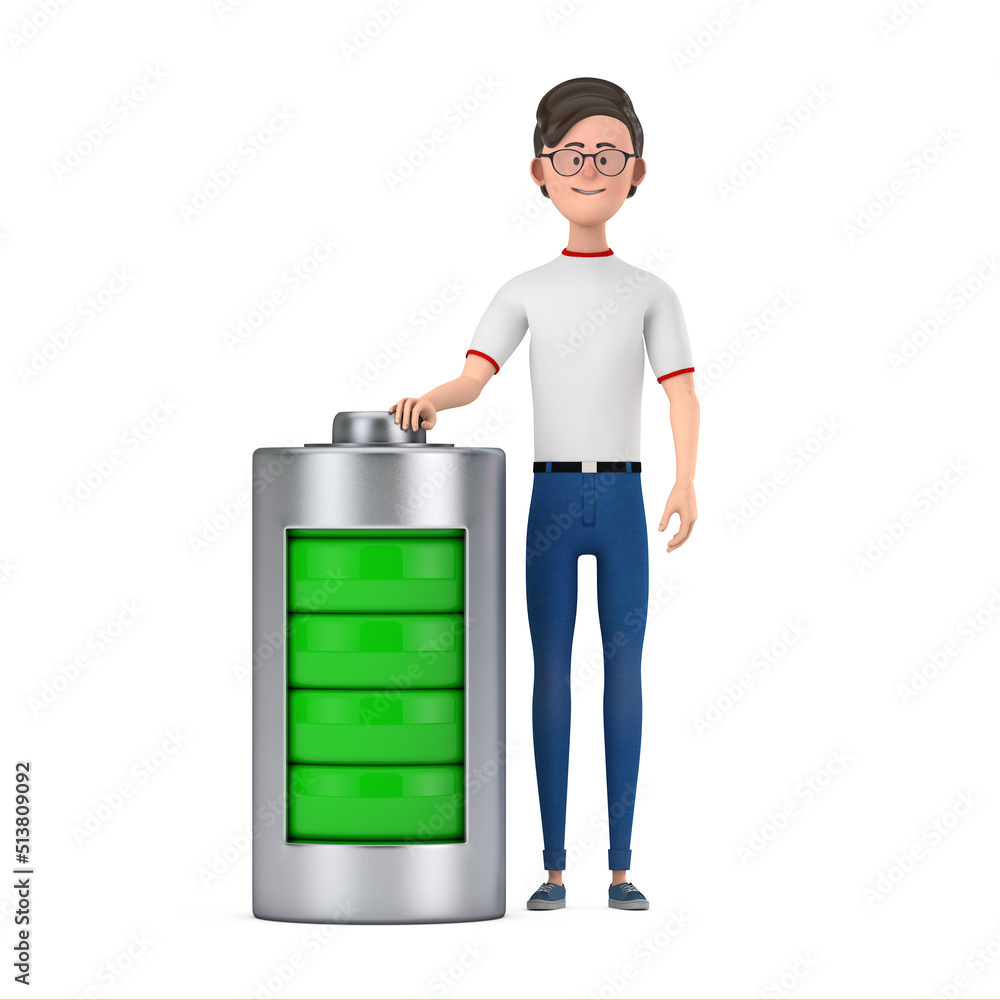 Aufkleber cartoon character person man with abstract charging battery. 3d rendering