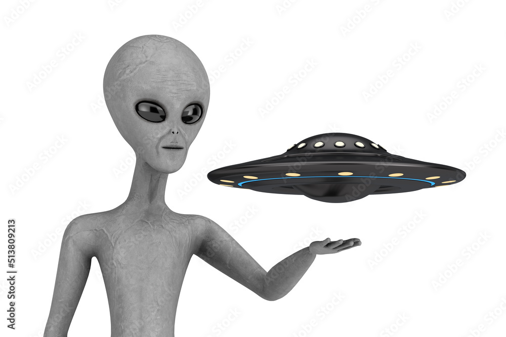 Poster alien ufo spaceship or flying saucer over scary gray humanoid alien hand. 3d rendering