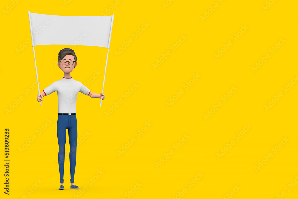 Aufkleber cartoon character person man and empty white blank banner with free space for your design. 3d render